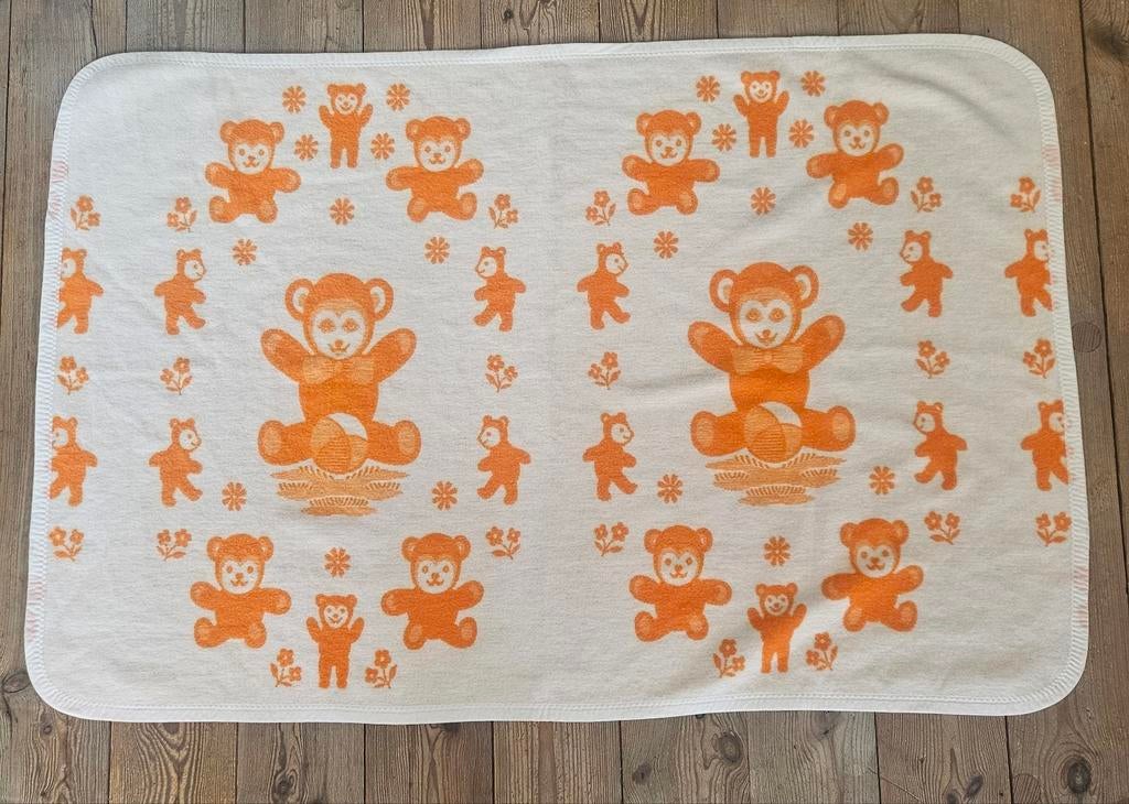 Vintage baby deken oranje beer beren Teddyberen dralon aabe?, Ophalen of Verzenden, Gebruikt, 100 cm of meer, Deken