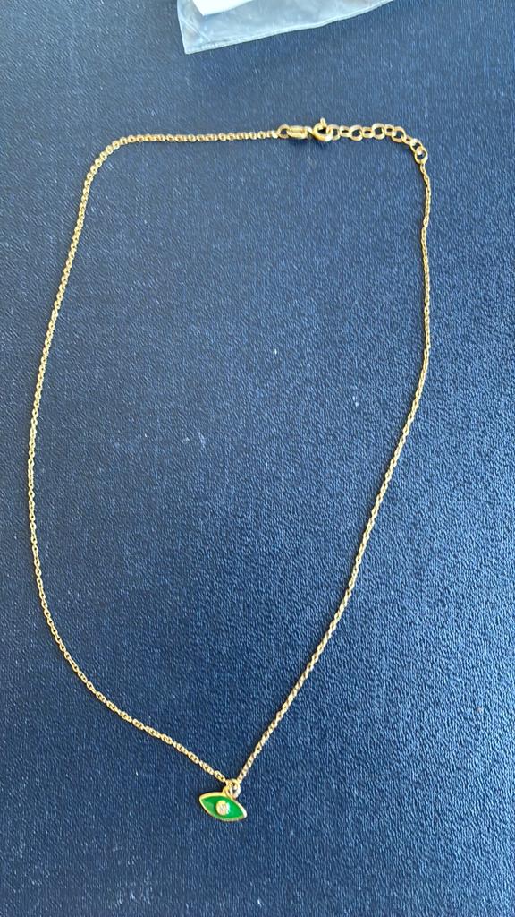 925 sterling vergulde ketting met oogje groen emaille, Ophalen of Verzenden, Zo goed als nieuw, Goud, Zilver