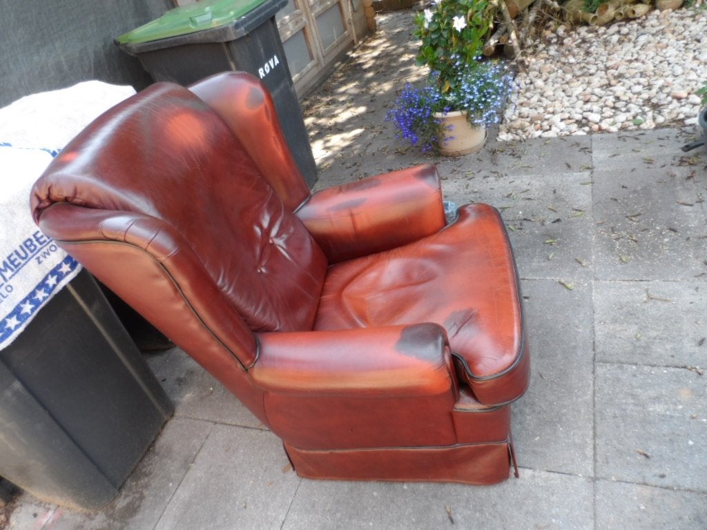 leren oor fauteuil, Huis en Inrichting, Fauteuils, Ophalen, Gebruikt, 75 tot 100 cm, Overige materialen