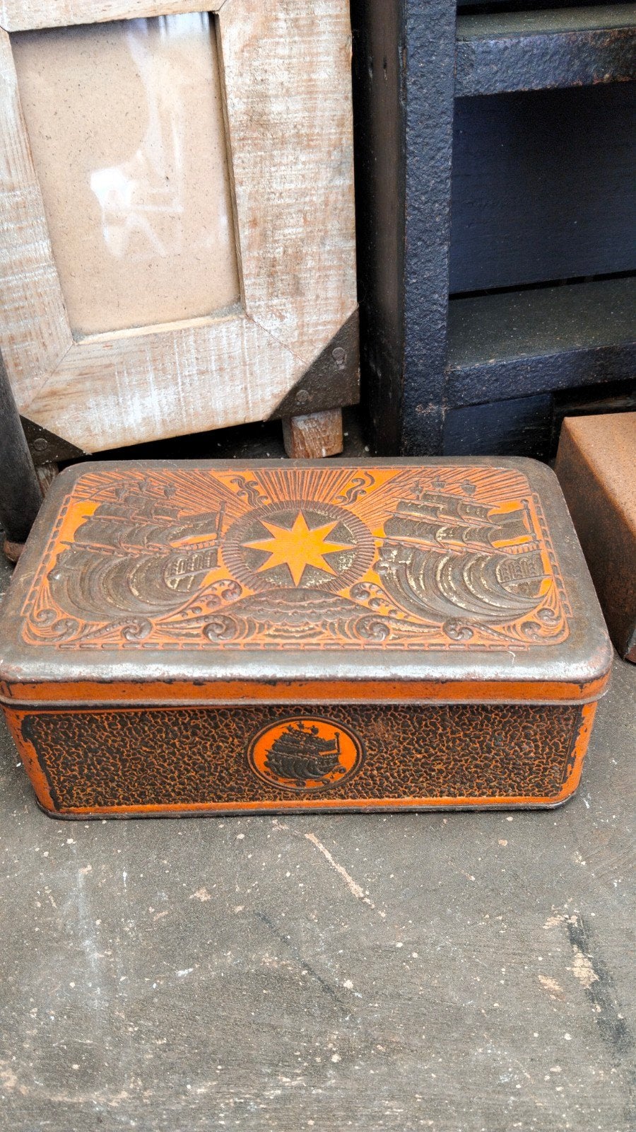 Brocante metalen blik oranje, Ophalen of Verzenden, Gebruikt, Overige