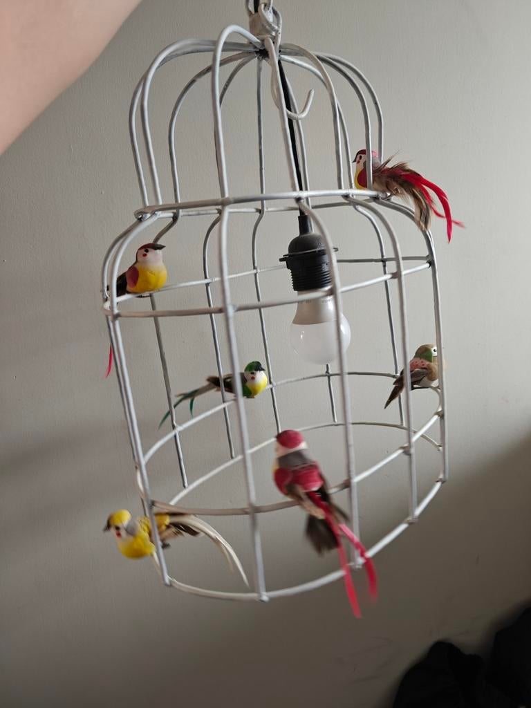 Vintage metalen vogelkooi hanglamp met decoratieve vogels, Ophalen, Gebruikt