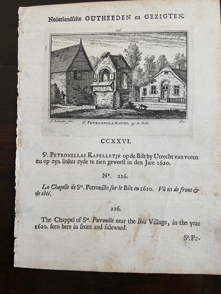 De Bilt, St. Petronellas Kapelletje op de Bilt koper-gravure, Antiek en Kunst, Stadsgezicht, Gravure, Origineel, 16 cm