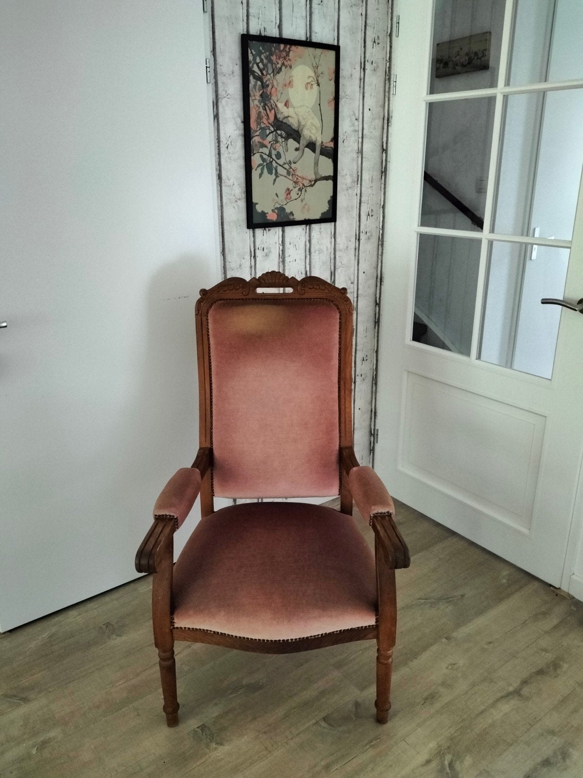 vintage fauteuil met roze velours bekleding, Antiek en Kunst, Ophalen