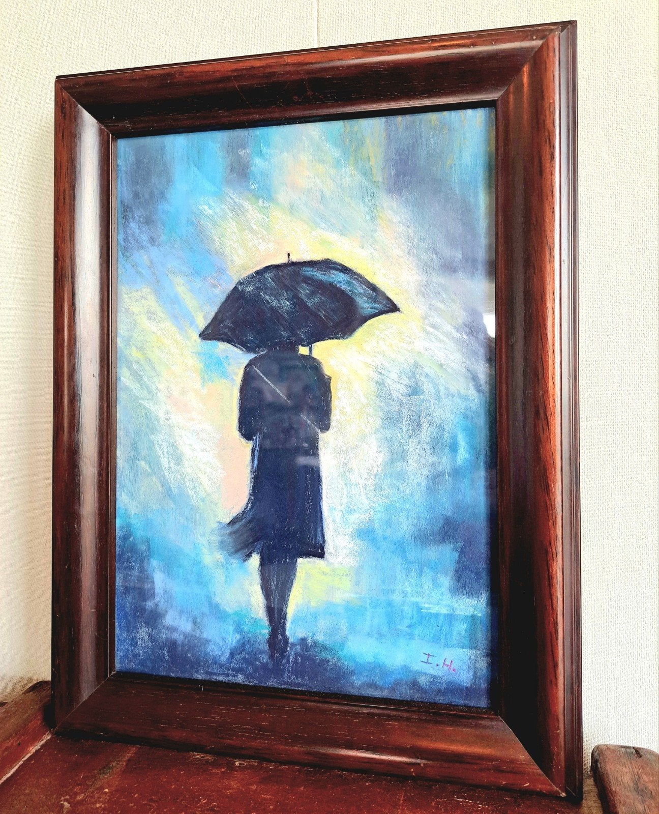 Schilderij in antieke lijst: Vrouw in de regen, Ophalen of Verzenden