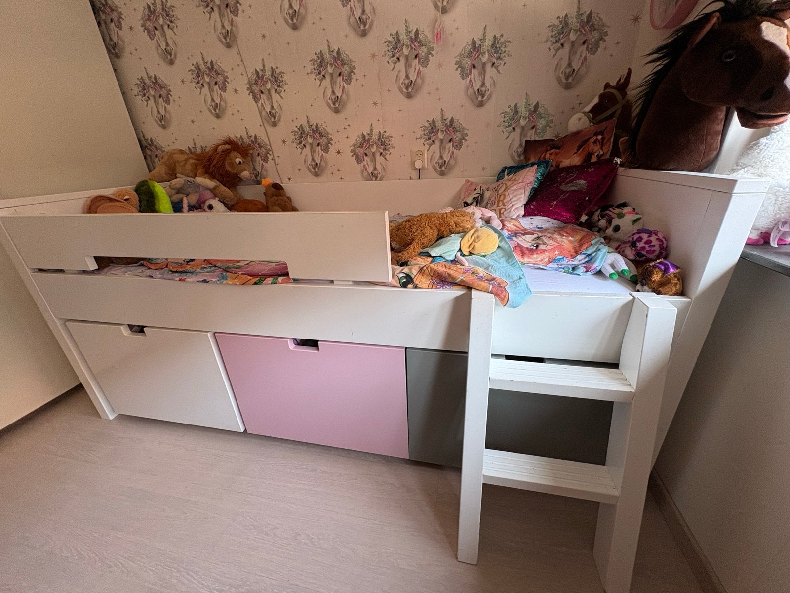 Bopita Hoogslaper met lades en trapje, Ophalen, 85 tot 100 cm, Gebruikt, Lattenbodem