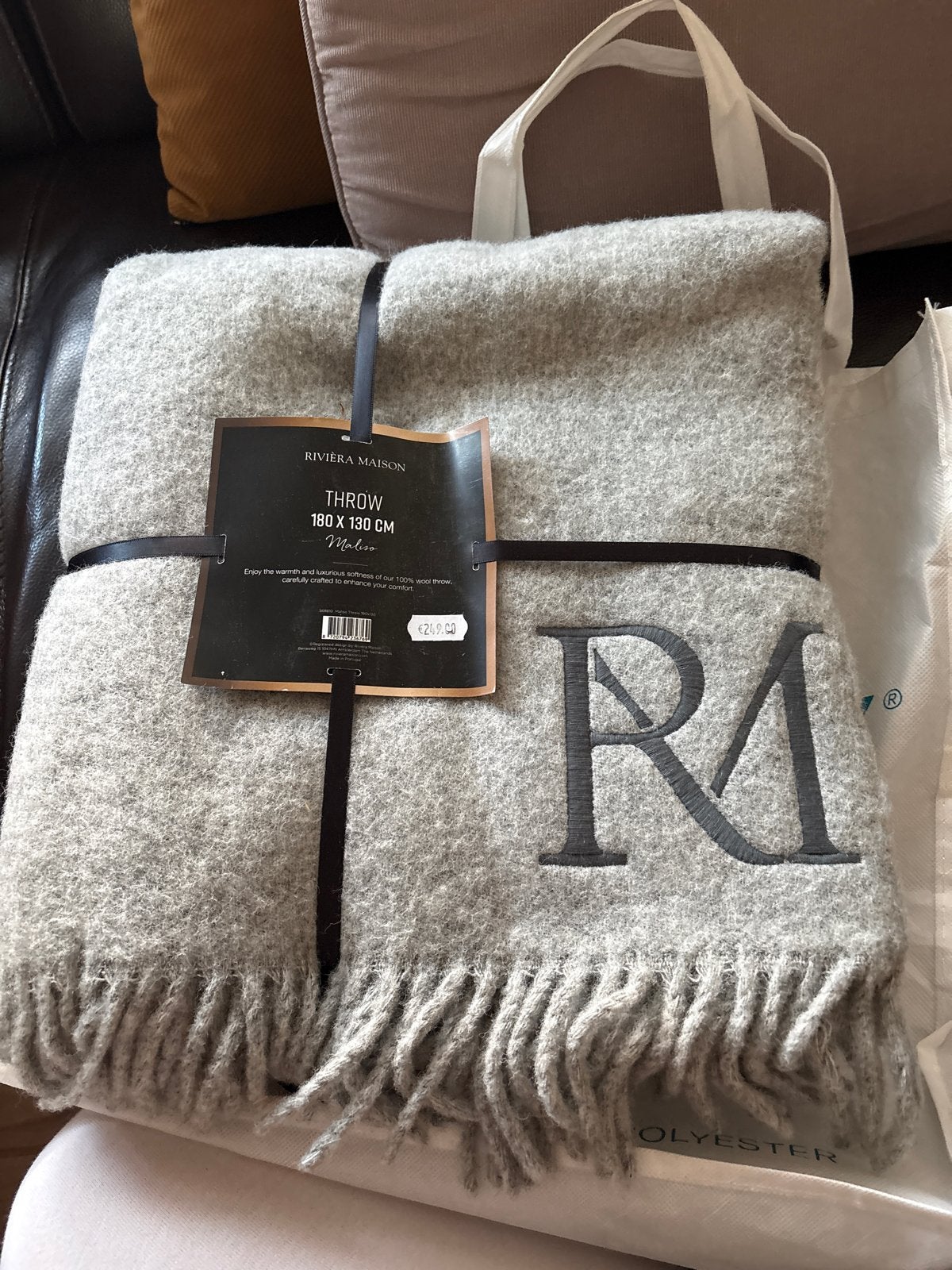 Riviera Maison Maliso Wollen Plaid 180x130 cm Grijs, Huis en Inrichting, Wol, Met franjes/kwastjes, Nieuw, Ophalen of Verzenden