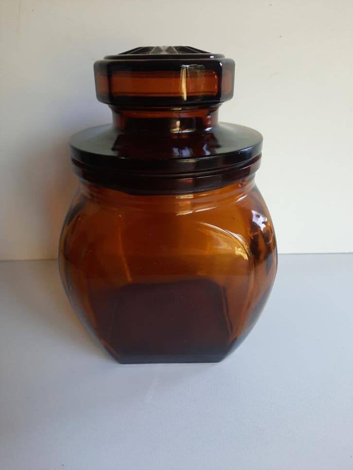 Stolpfles , voorraadpot , van bruin glas ~vintage ~, Huis en Inrichting, Keuken | Keukenbenodigdheden, Glas, Ophalen of Verzenden