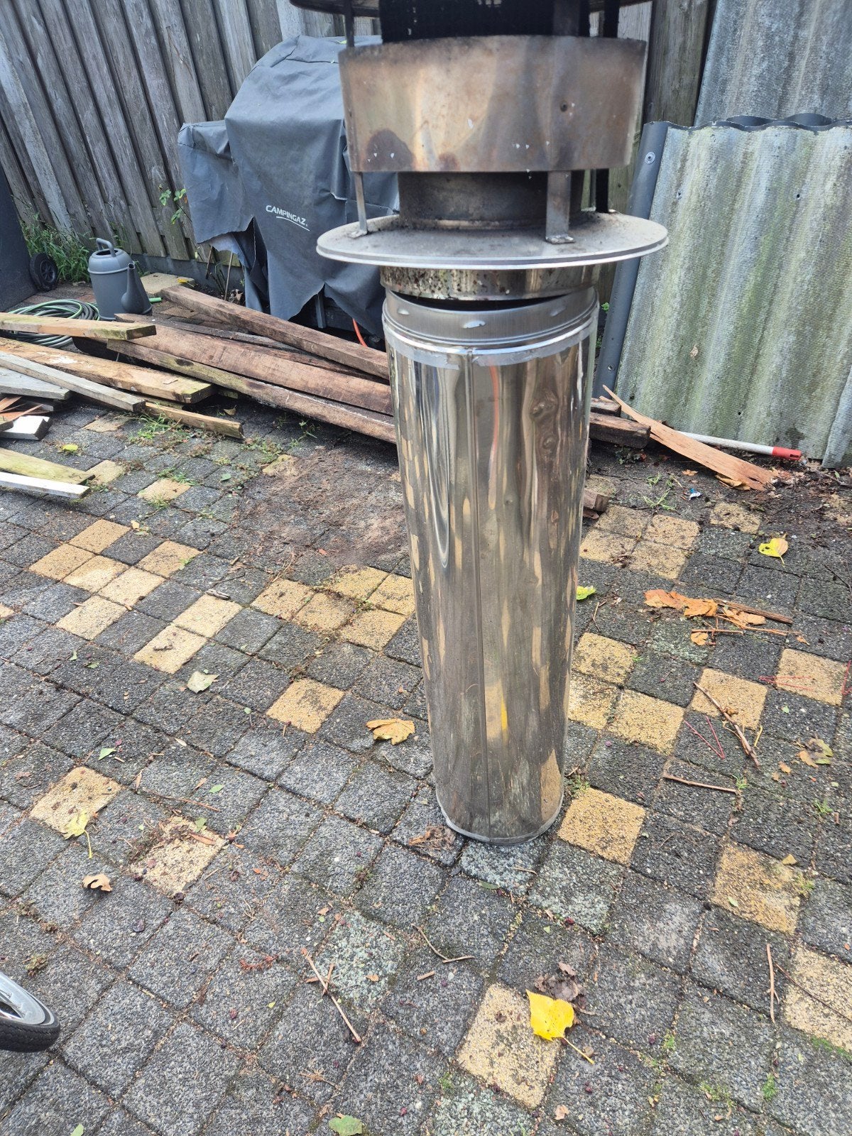schoorsteenpijp plus kap, Ophalen, Vrijstaande haard, Houthaard