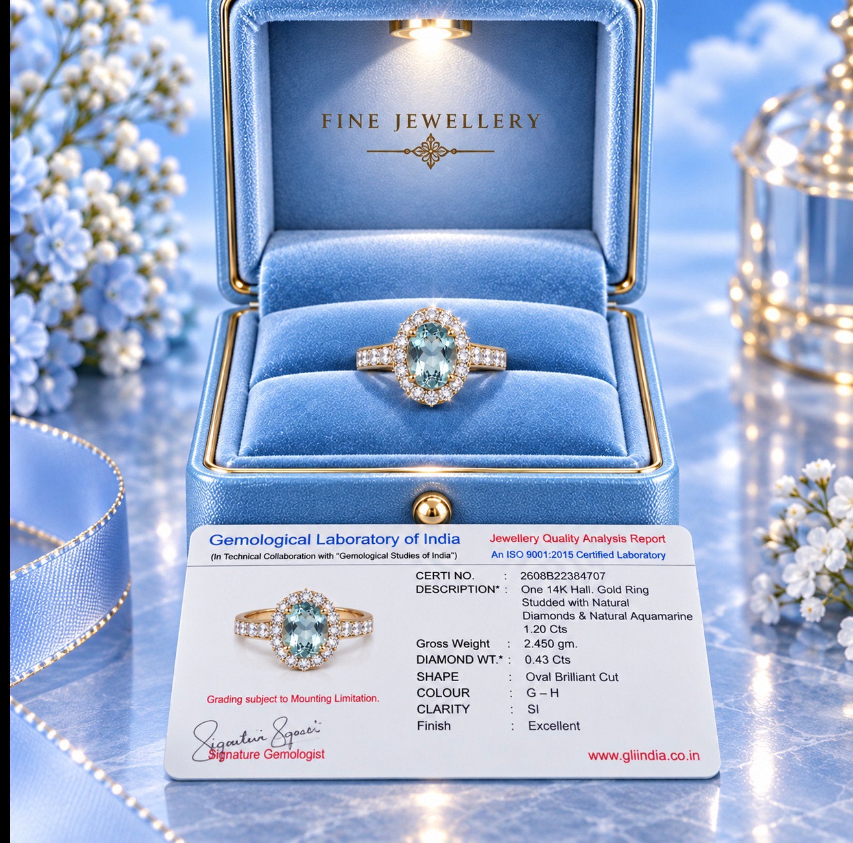 Ring goud met diamanten en lichrblauwe aquamarijn, Nieuw, Ophalen of Verzenden, 17 tot 18, Dame