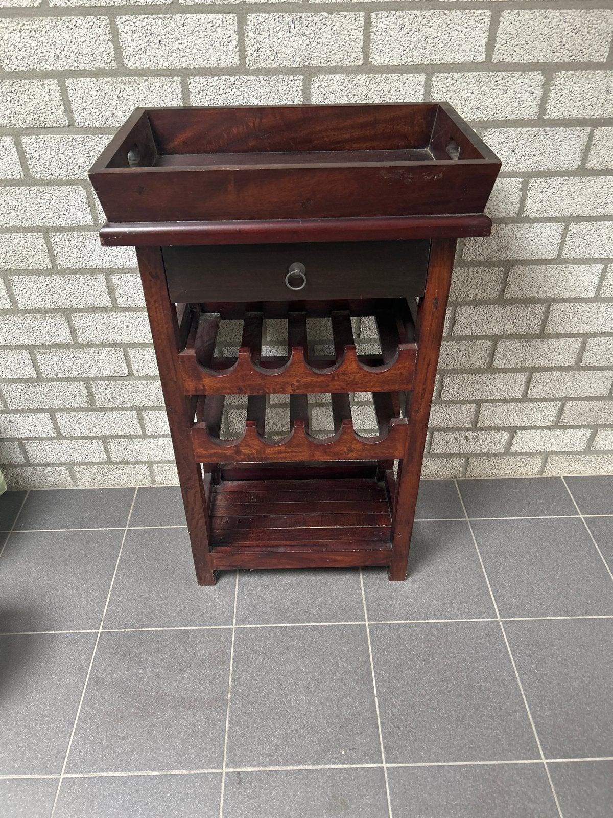 Houten wijnrek met lade en dienblad, Ophalen, Gebruikt, 5 tot 15 flessen, 75 – 100