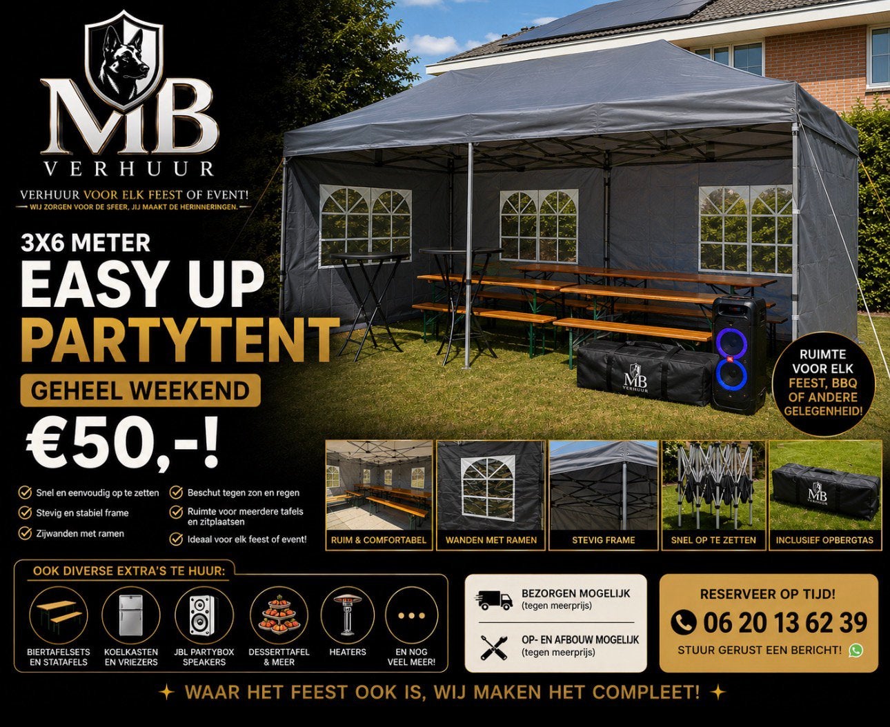 3x6 EASY UP PARTYTENT  GEHEEL WEEKEND €50,-!, Drie personen of meer, Kortingsbon