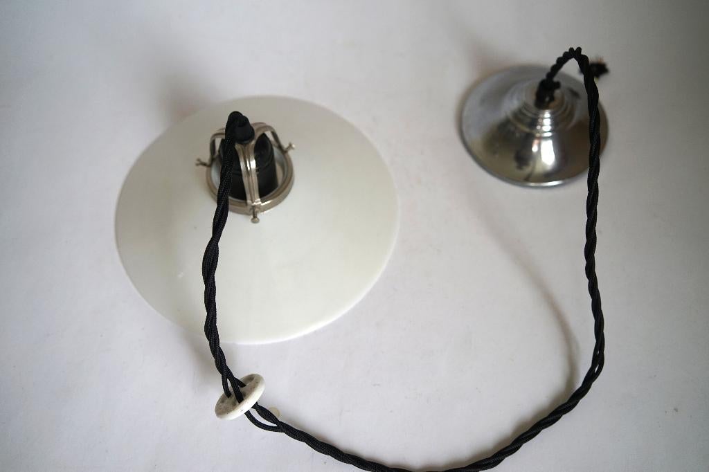 antiek lamp wit opaalglas schoenmaker glas chroom porselein, Huis en Inrichting, Lampen | Hanglampen, Glas, Gebruikt, Ophalen of Verzenden