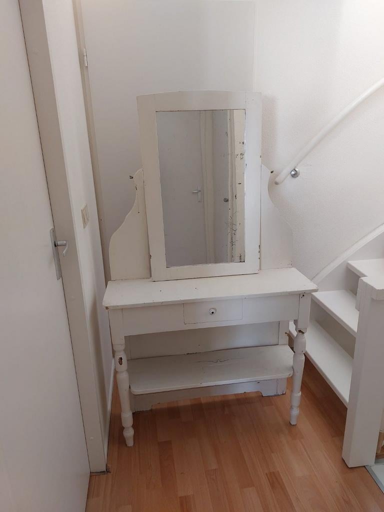 Witte Roemeense kaptafel met spiegel en lade, Gebruikt, Roemeens, 150 tot 200 cm, Hout