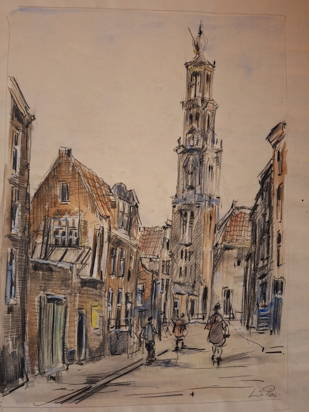 Tekening Amsterdam door Louis vd Pol, Ophalen of Verzenden, Tekening, Gemengde techniek, Gesigneerd
