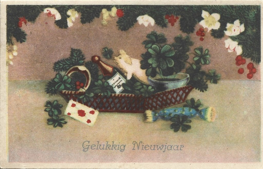Gelukkig Nieuwjaar*Mand met Klavertje 4*Champagne*Hoefijzer*, Ophalen of Verzenden, 1940 tot 1960, Gelopen, Feest(dag)