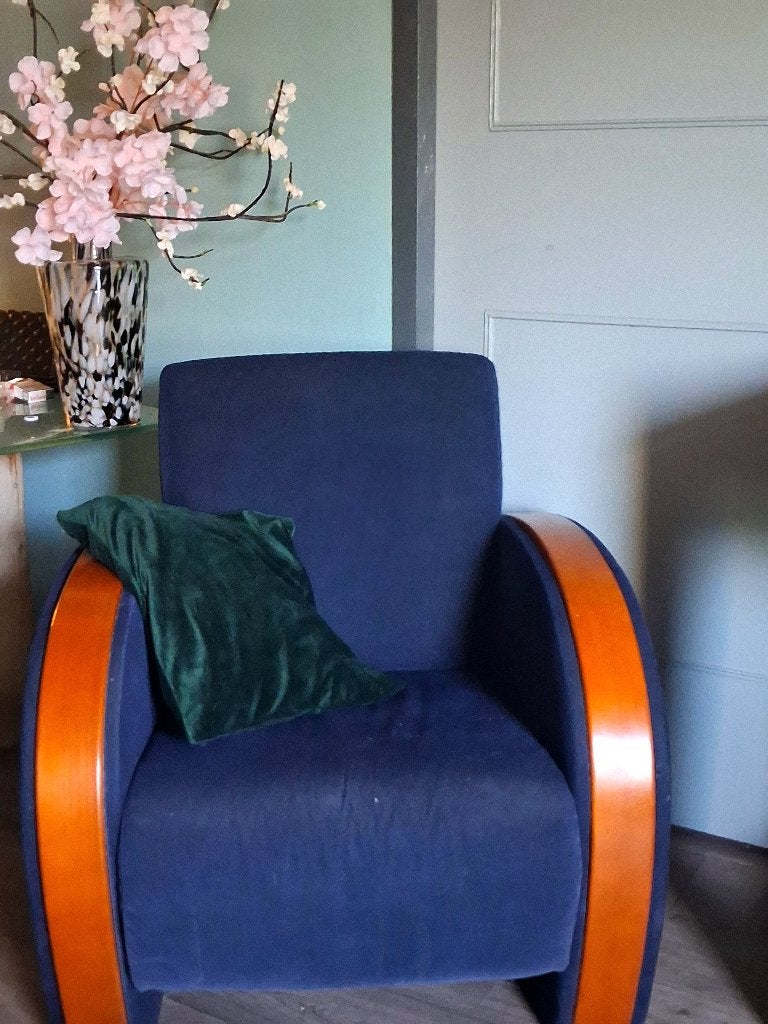 Vintage Art Deco Fauteuil - Blauw met Houten Armleuningen, Antiek en Kunst, Ophalen