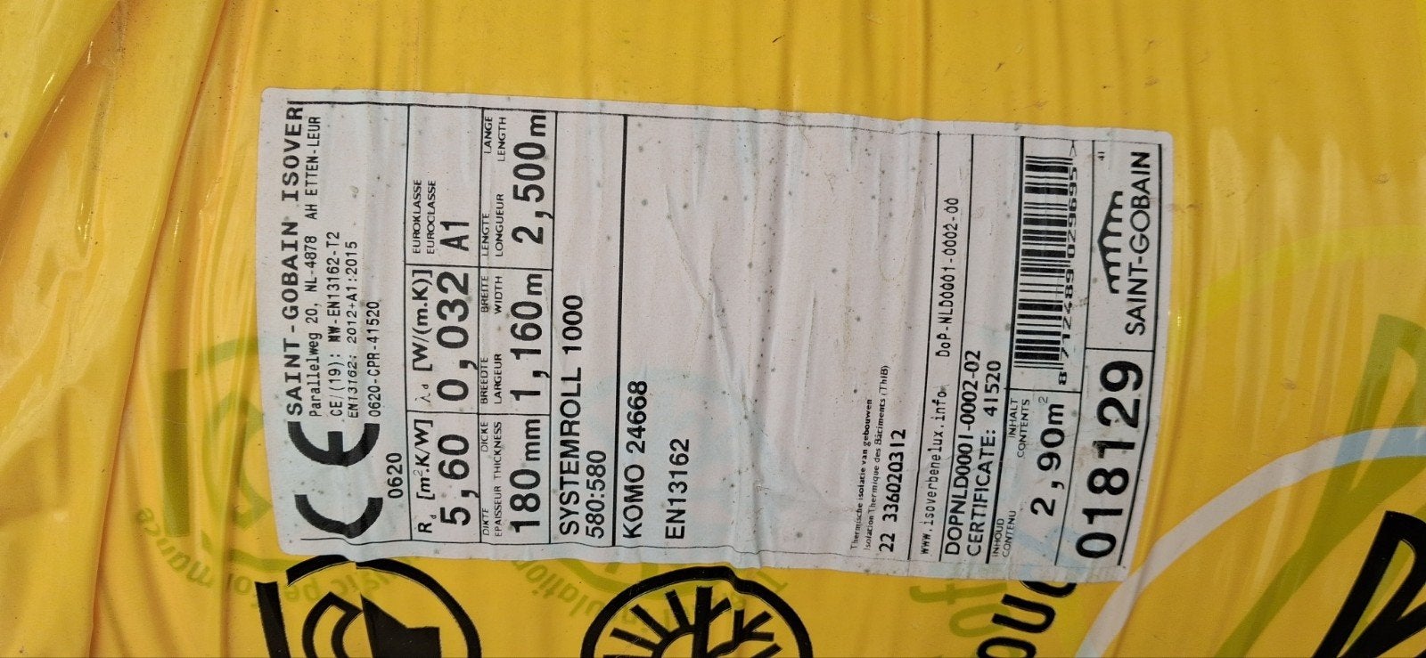 ISOVER Systeemroll 1000 Glaswol 180mm - 4 rollen, Ophalen, 10 tot 15 m², 12 cm of meer, Nieuw
