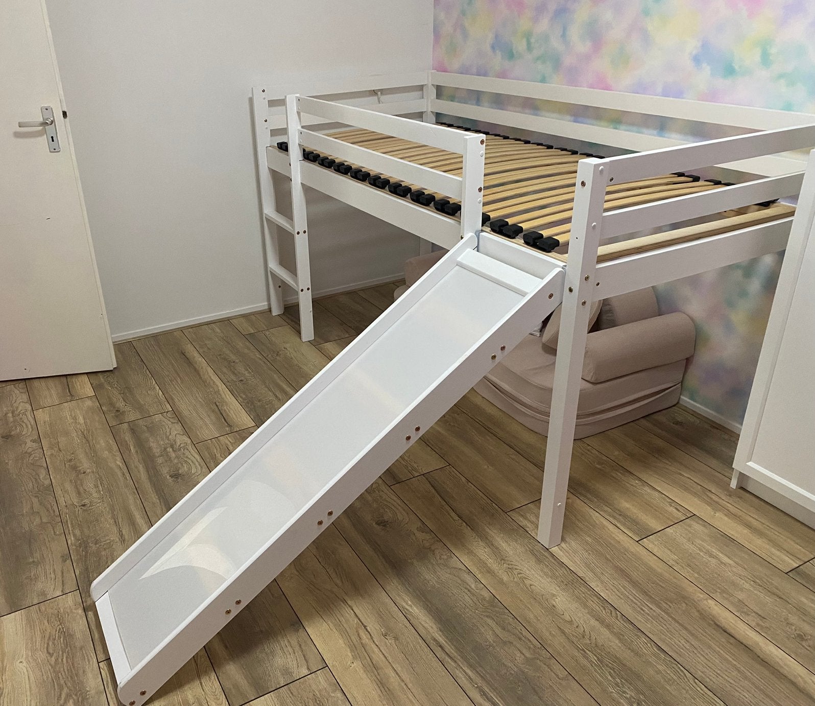 Kinderbed/Hoogslaper - 90x200 cm - Wit - Glijbaan, Kinderen en Baby's, Kinderkamer | Stapelbedden en Hoogslapers, Ophalen, Zo goed als nieuw