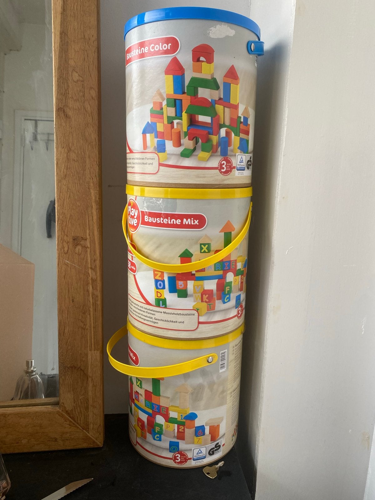 3 emmers Playtive Bausteine Mix houten blokken, Ophalen, Gebruikt, Overige merken