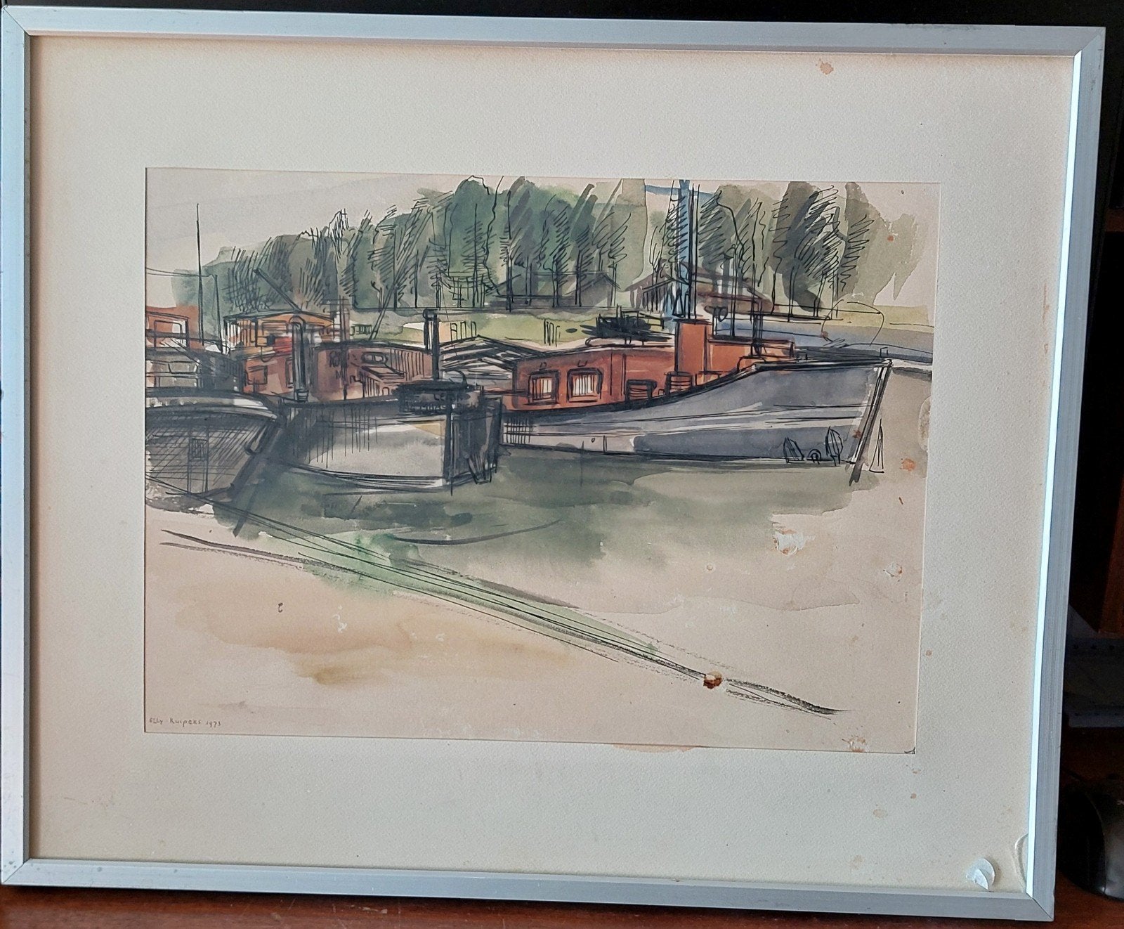 Aquarel Elly Kuipers (1973) in lijst (51x46 cm), Ophalen of Verzenden, Tekening, Aquarel, Ingelijst