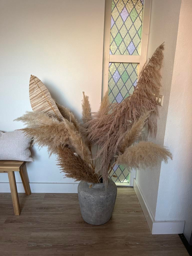 Grote pluimen met grijze vaas - Decoratief en stijlvol, Huis en Inrichting, Woonaccessoires | Vazen, Ophalen, Overige materialen