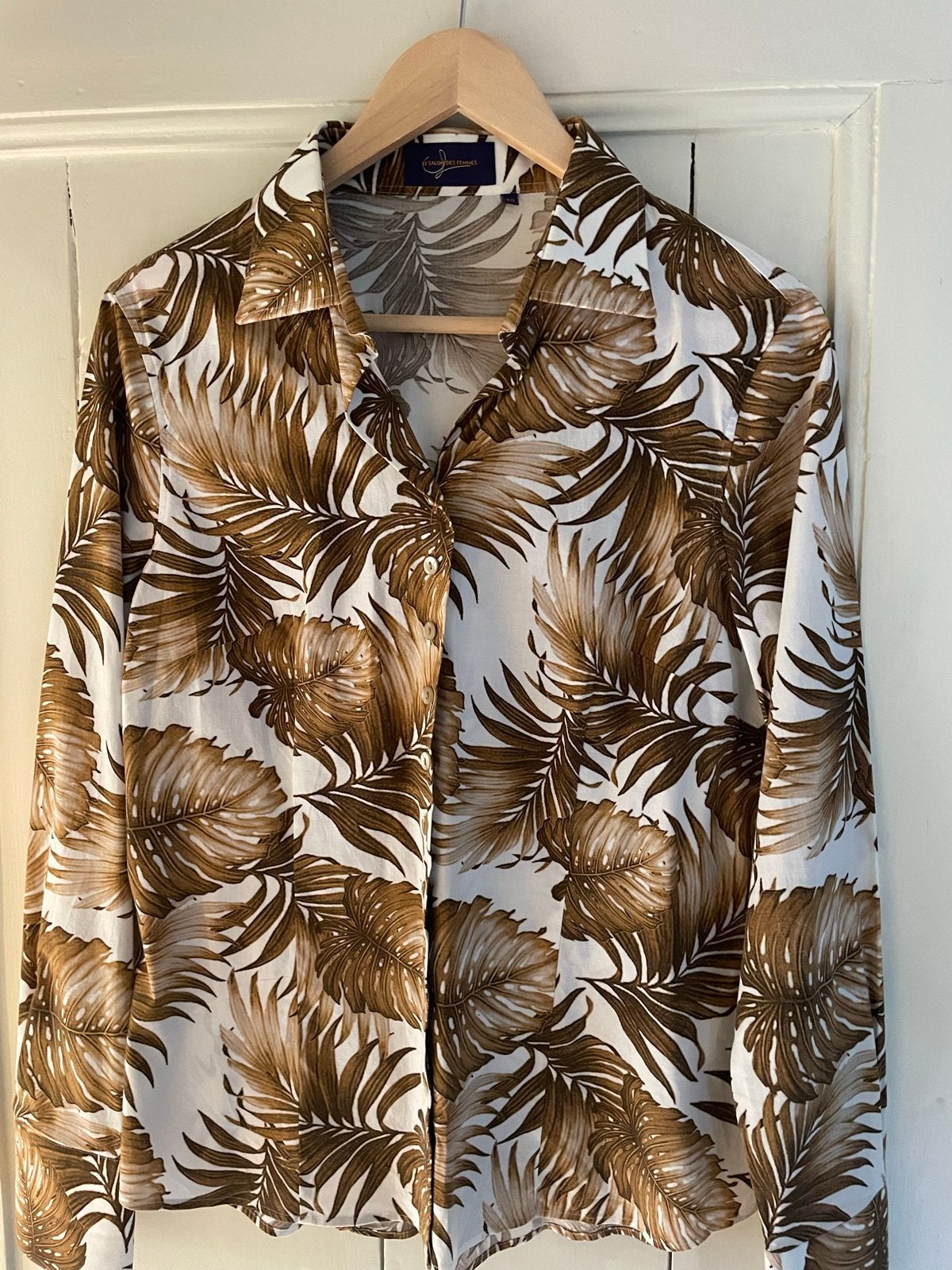 Blouse met tropische print van E Salon des Femmes, Ophalen of Verzenden, Gedragen, Maat 38/40 (M), Bruin