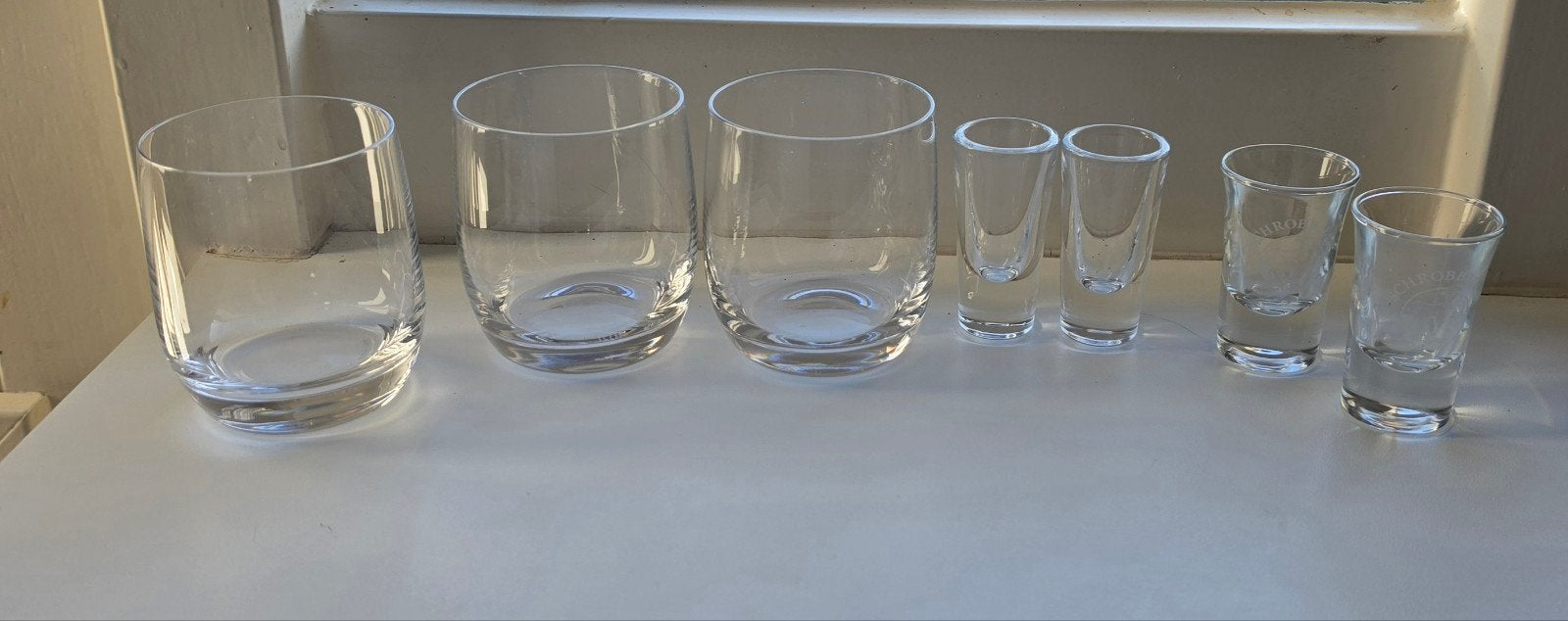 3 glazen/4 shotglazen, Verzamelen, Glas en Borrelglaasjes, Ophalen, Gebruikt, Borrel- of Shotglas