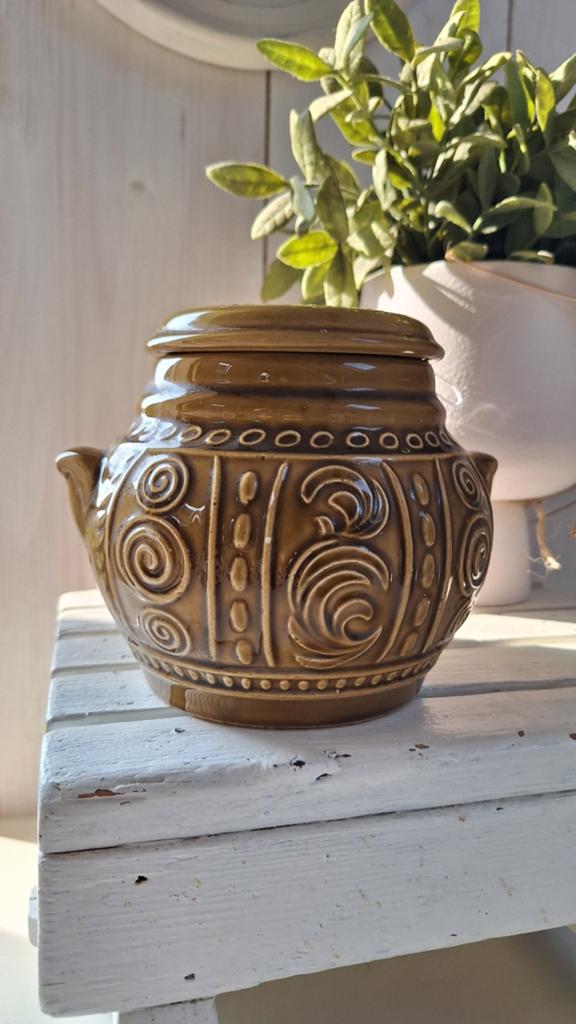 Vintage aardewerk voorraadpot met deksel, mosterdkleur, DDR, Gebruikt, Vintage, Overige typen, Ophalen of Verzenden