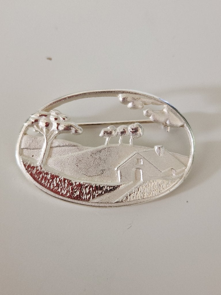 Zilveren broche - landschap - 925, 4 tot 7 cm, Ophalen of Verzenden, Zo goed als nieuw, Zilver