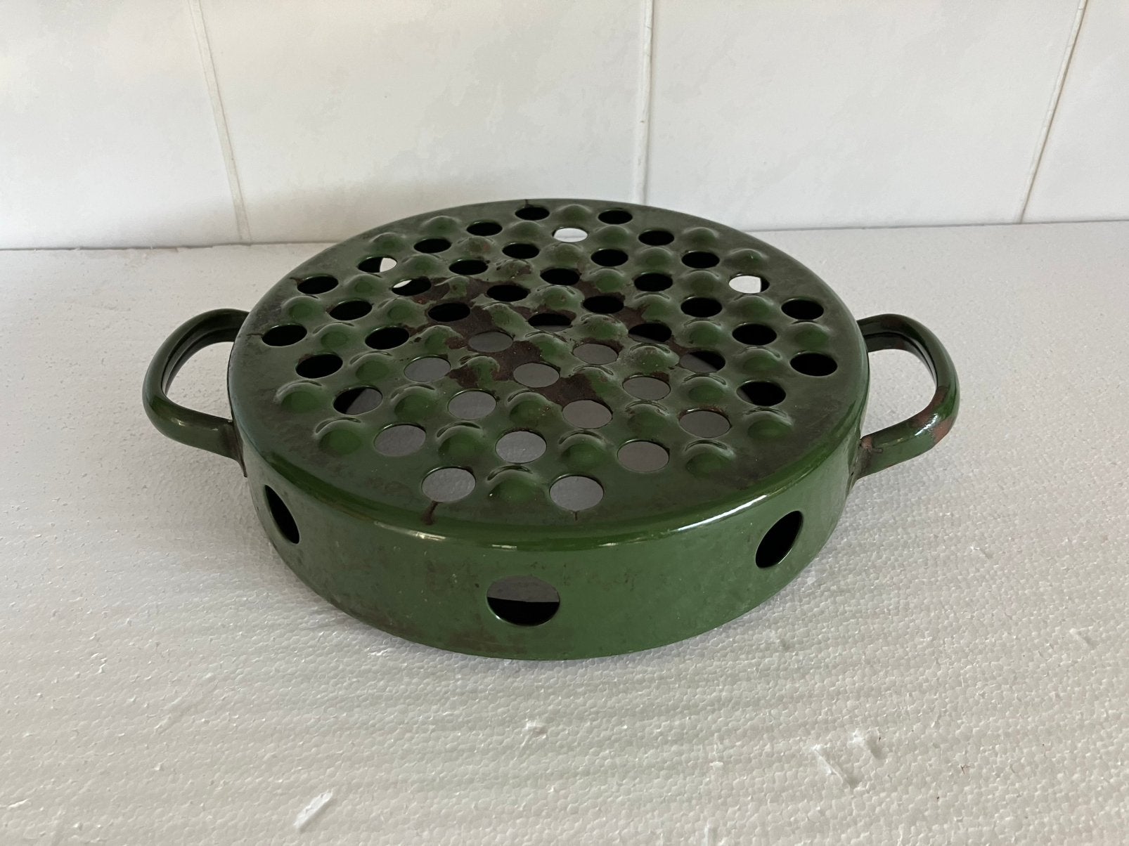Groen emaille vlamverdeler/warmhoudplaat., Ophalen