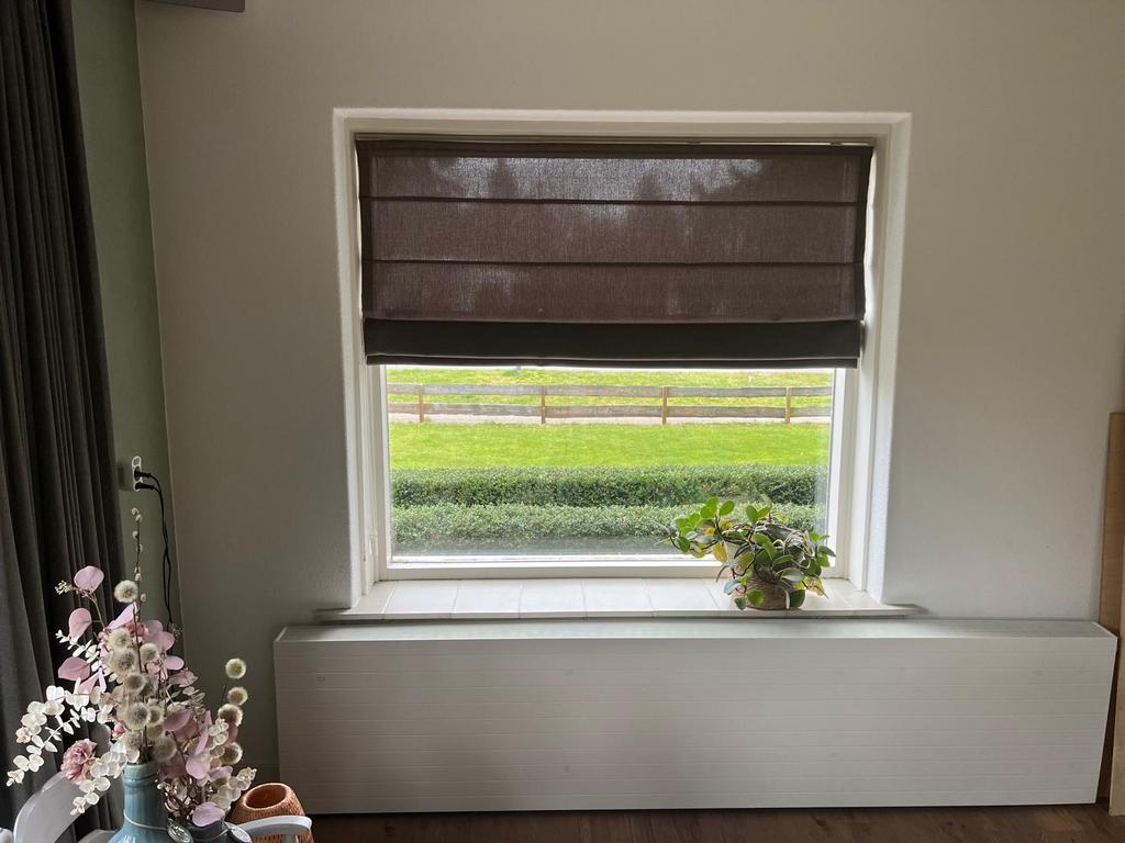 Mooie bruin/taupe vouwgordijnen voor sfeervolle inrichting, Ophalen, Gebruikt, Bruin, 100 tot 150 cm