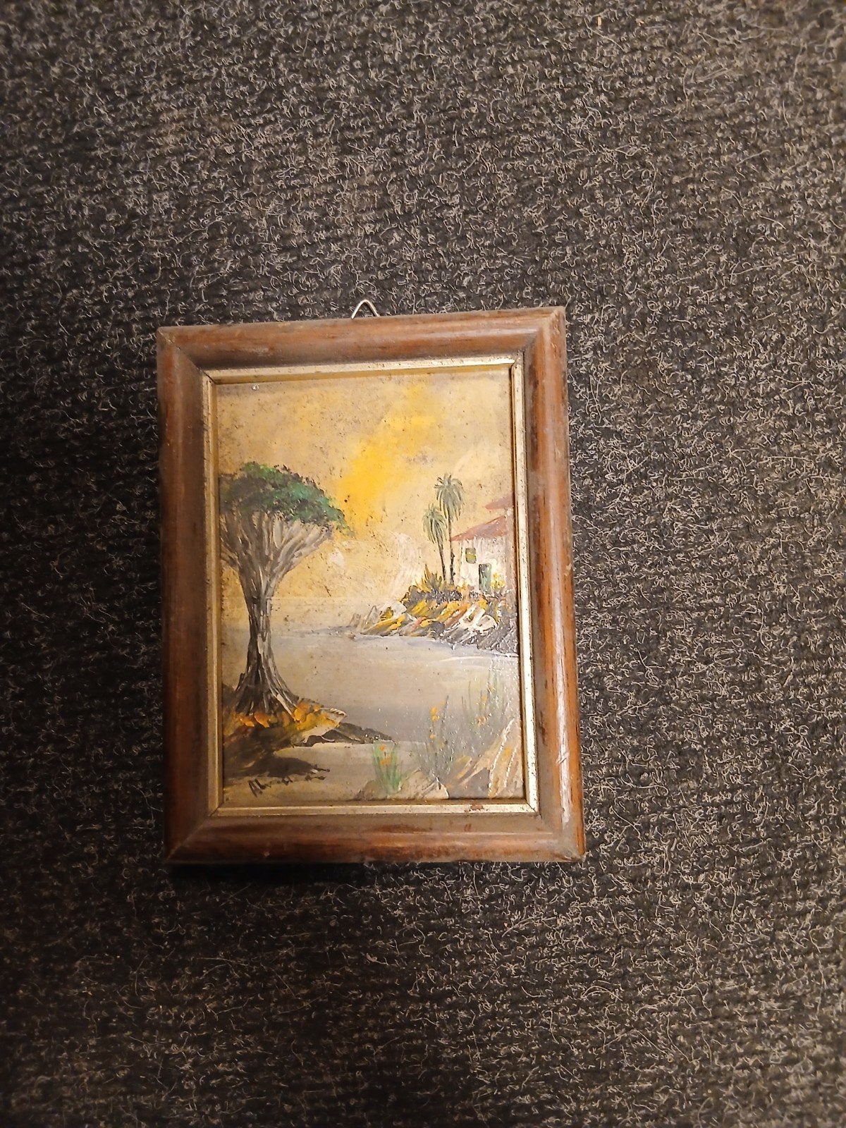 Schilderij met landschap en water, 15x11,5 cm, Paneel, Handgeschilderd, Realistisch, Ophalen of Verzenden