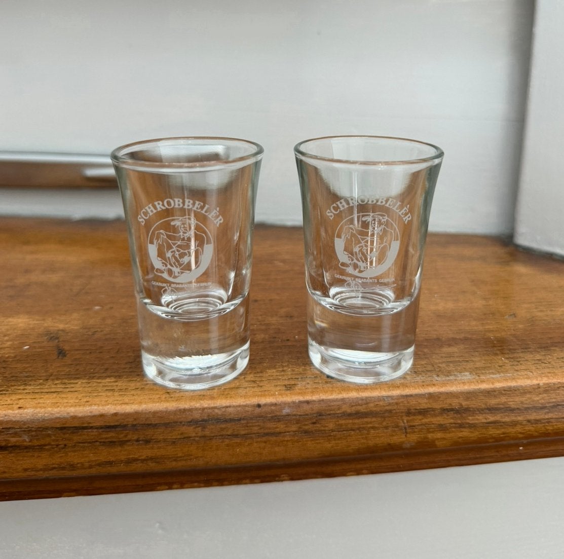 2x Schrobbelèr shotglas, Ophalen of Verzenden, Zo goed als nieuw, Borrel- of Shotglas