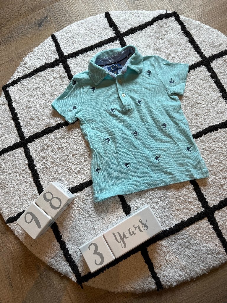 Heel goed blauw Ralph Lauren polo haai print shirt 3T 98, Jongen of Meisje, Ophalen of Verzenden, Zo goed als nieuw, Shirt of Longsleeve