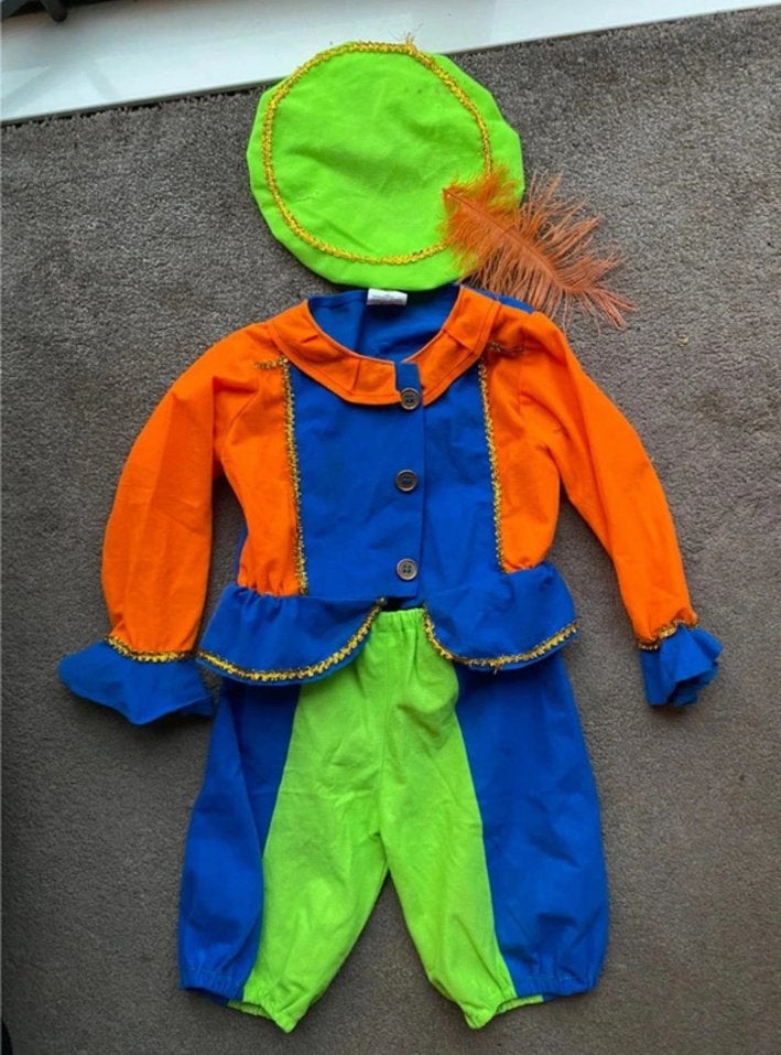 Pietenpak piet pakje zwarte piet Blauw/Oranje/Groen 104, Ophalen of Verzenden, Zo goed als nieuw, Kostuum, Carnaval