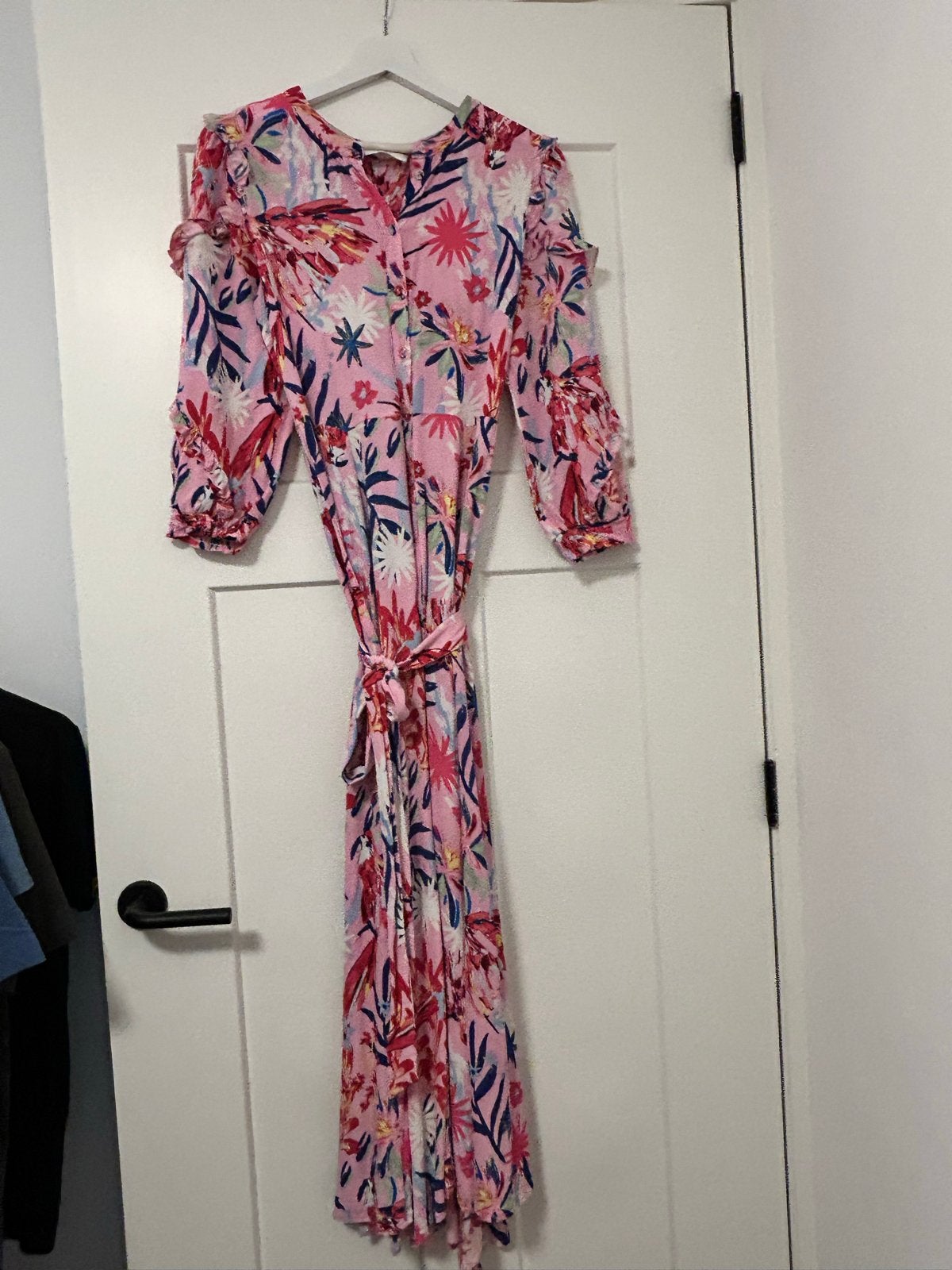Pom Amsterdam maxi jurk bloemenprint ruches strikceintuur M, Kleding | Dames, Maat 38/40 (M), Ophalen of Verzenden, Zo goed als nieuw