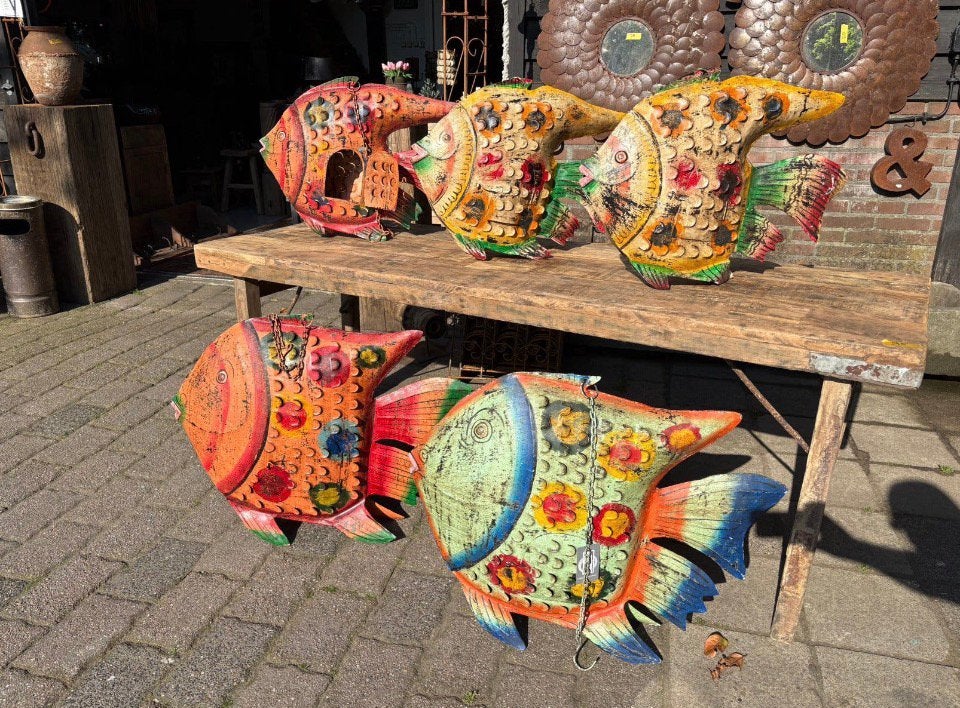 Grote kleurrijke ijzeren vissen - kandelaar - Ibiza/BoHo, T, Nieuw, Ophalen of Verzenden, Metaal