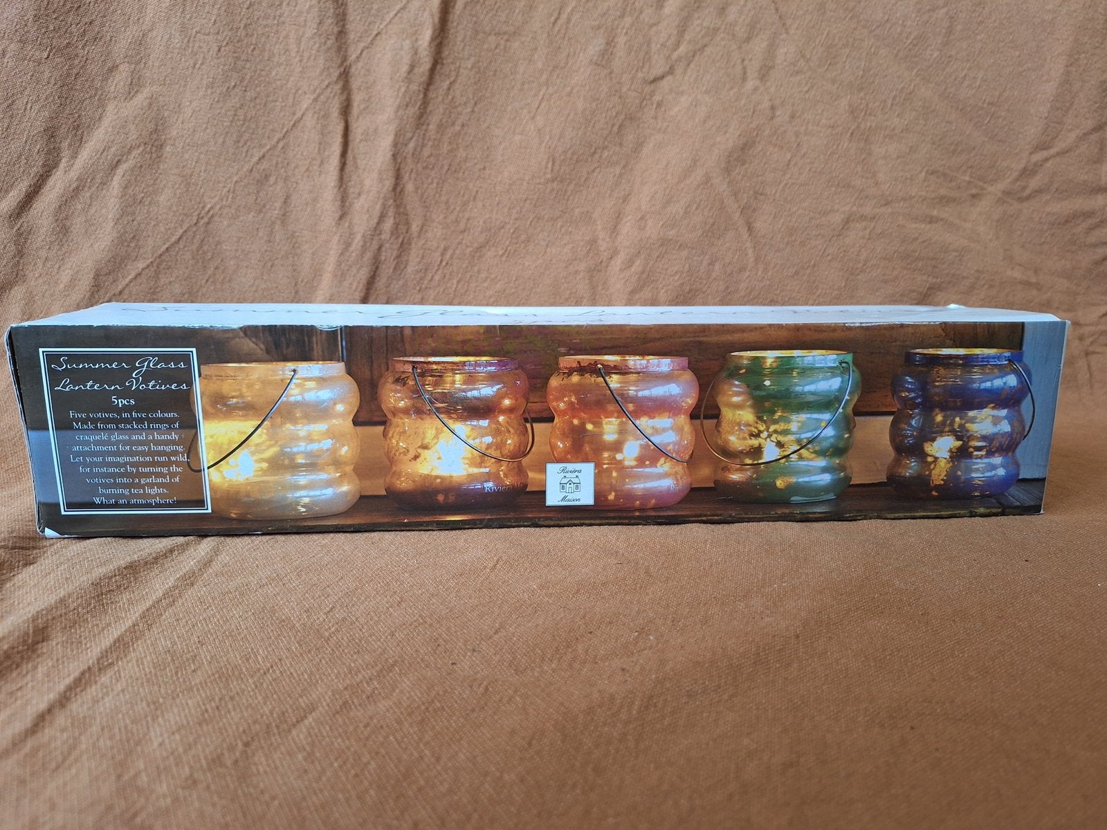 Nieuwe set van 5 Rivièra Maison Summer Glass Lantern Votives, Meerkleurig, Waxinelichthouder, Ophalen of Verzenden, Glas