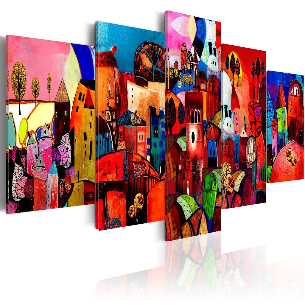 822 Abstract Colors Huisjes 5 Luik Canvas Schilderij 200x100, Ophalen of Verzenden