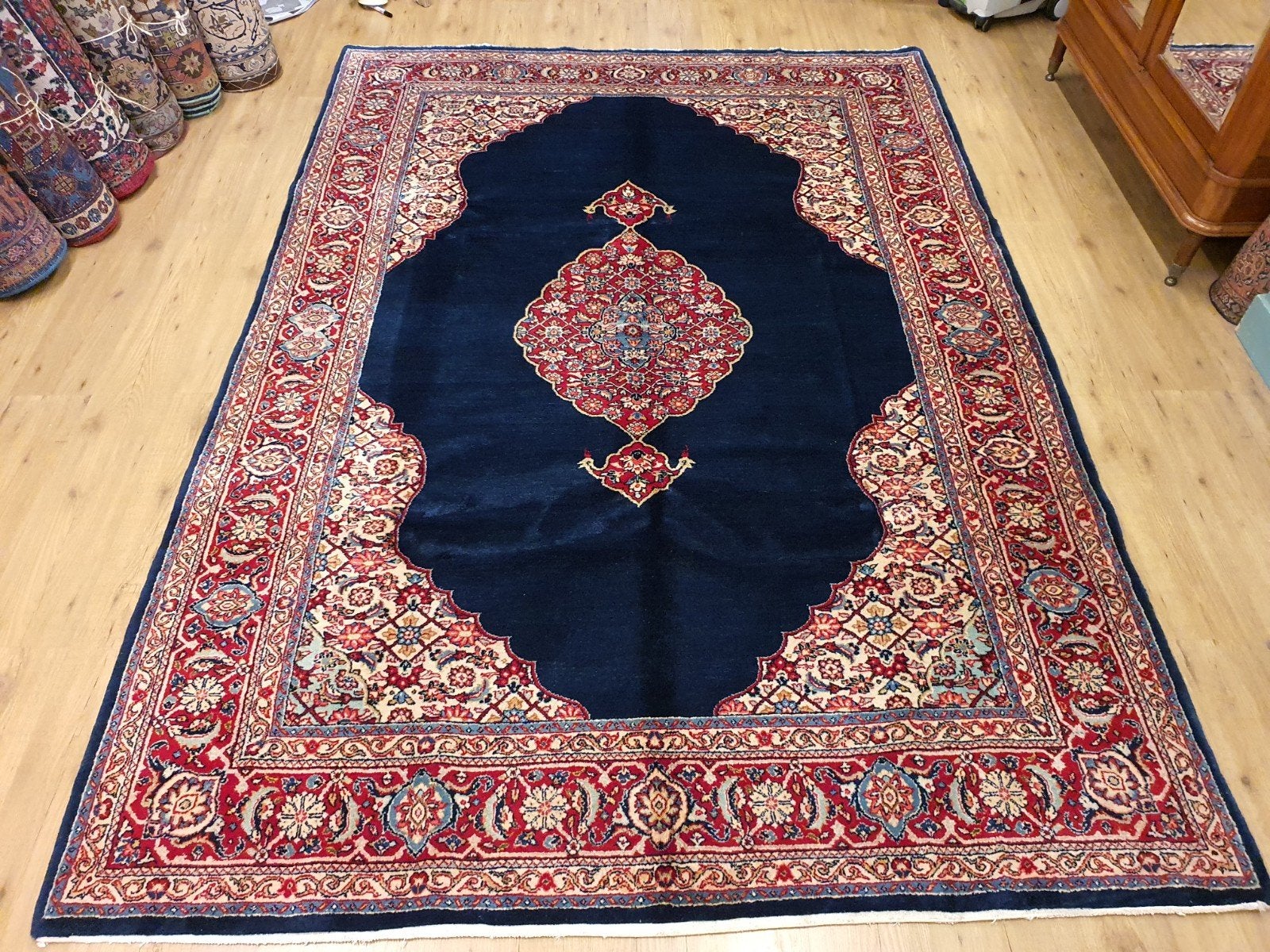 Vintage handgeknoopt perzisch tapijt sarough 295x203, Info@SlatsAntiek.nl, Tweedehands, Perzisch, Ophalen of Verzenden