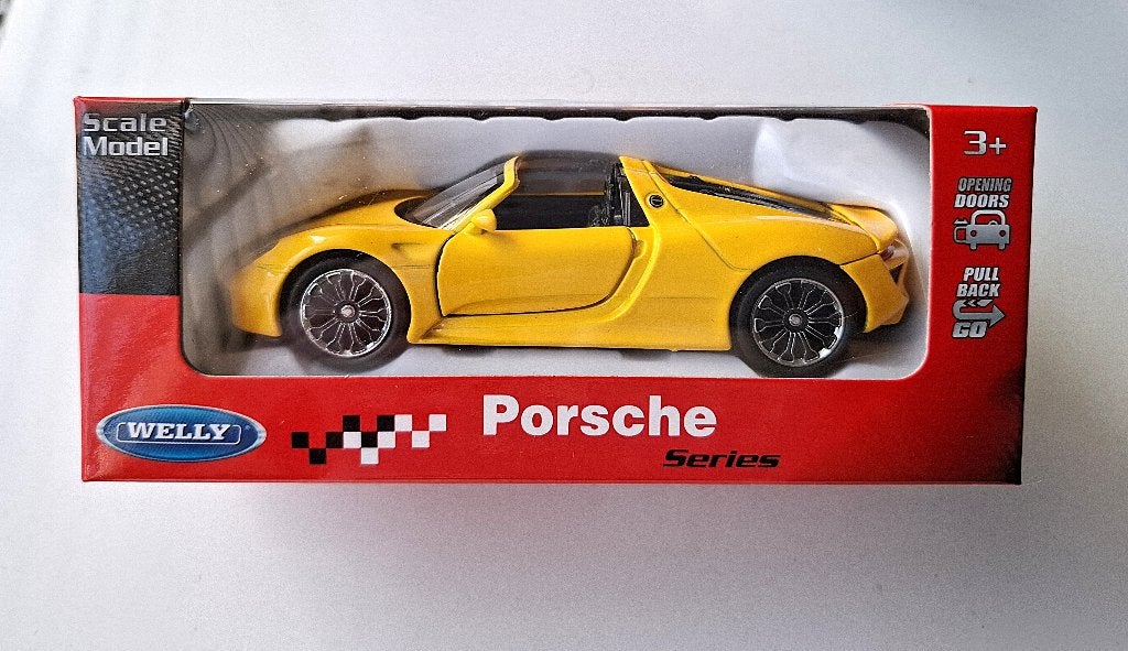Welly Porsche 918 Spyder, Geel, deuren kunnen open, Ophalen, Nieuw, Auto