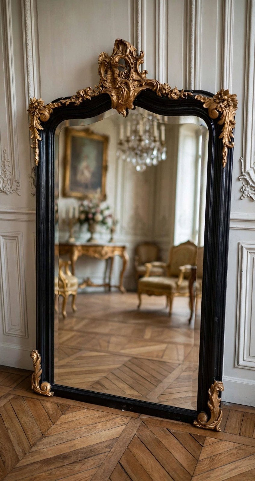 ANTIEKE LOUIS XV SPIEGEL 90 x 165 CM - Zwart met Goud - Roco, Ophalen of Verzenden, Rechthoekig