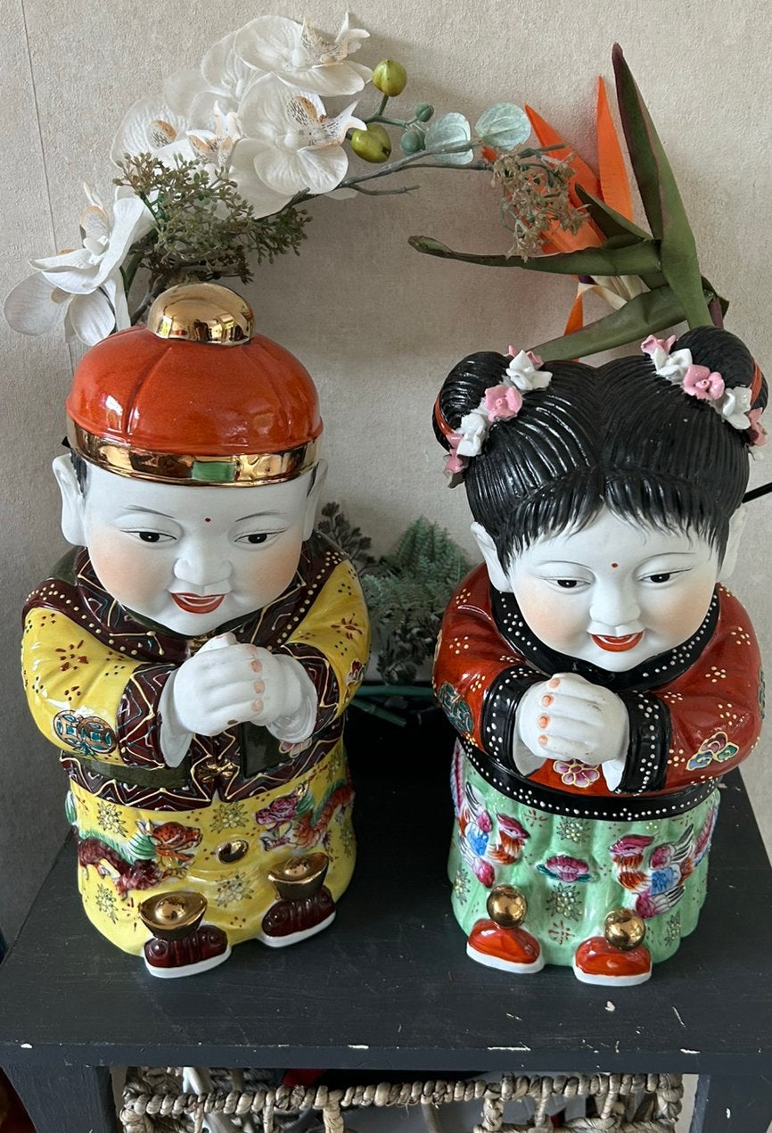 Setje chineze beelden Golden Boy & Jade Girl 35 cm hoog, Verzamelen, Beelden en Beeldjes, Ophalen, Gebruikt, Mens