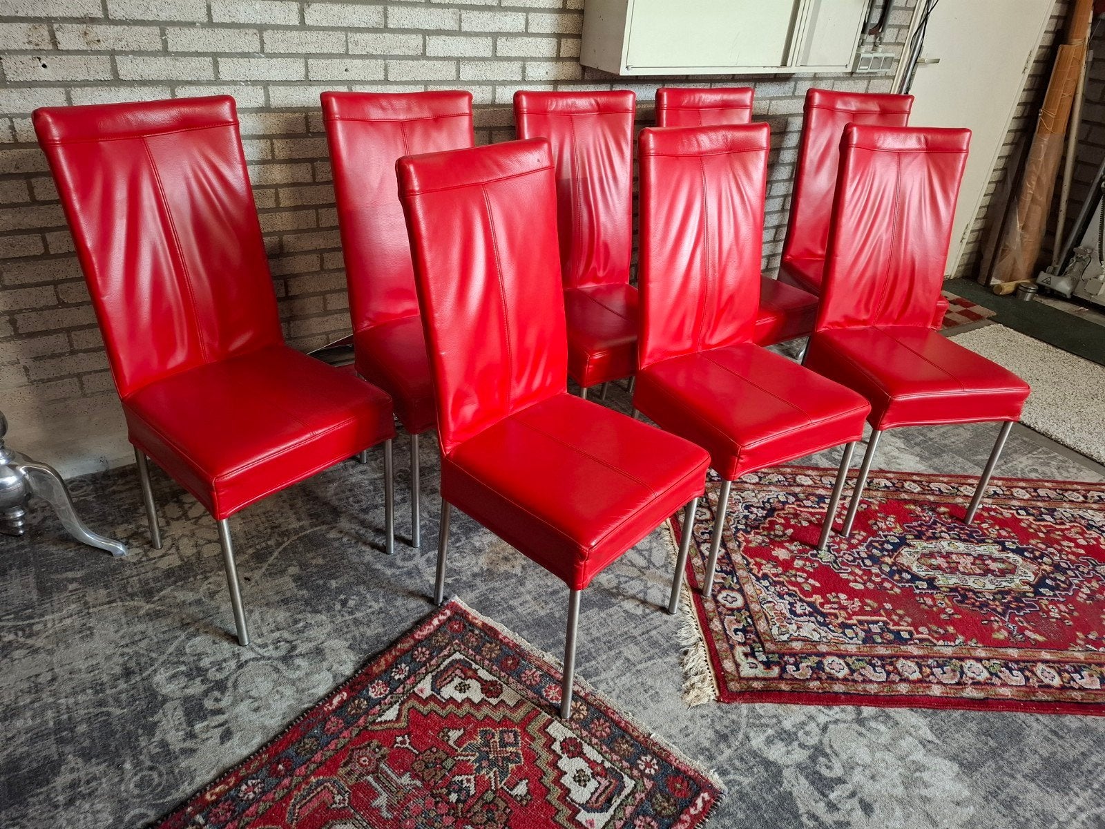 Mooie 8dlg set HVS eetkamerstoel stoelen echt leer + rvs Zie, Ophalen, Leer, Zo goed als nieuw, Vijf, Zes of meer stoelen