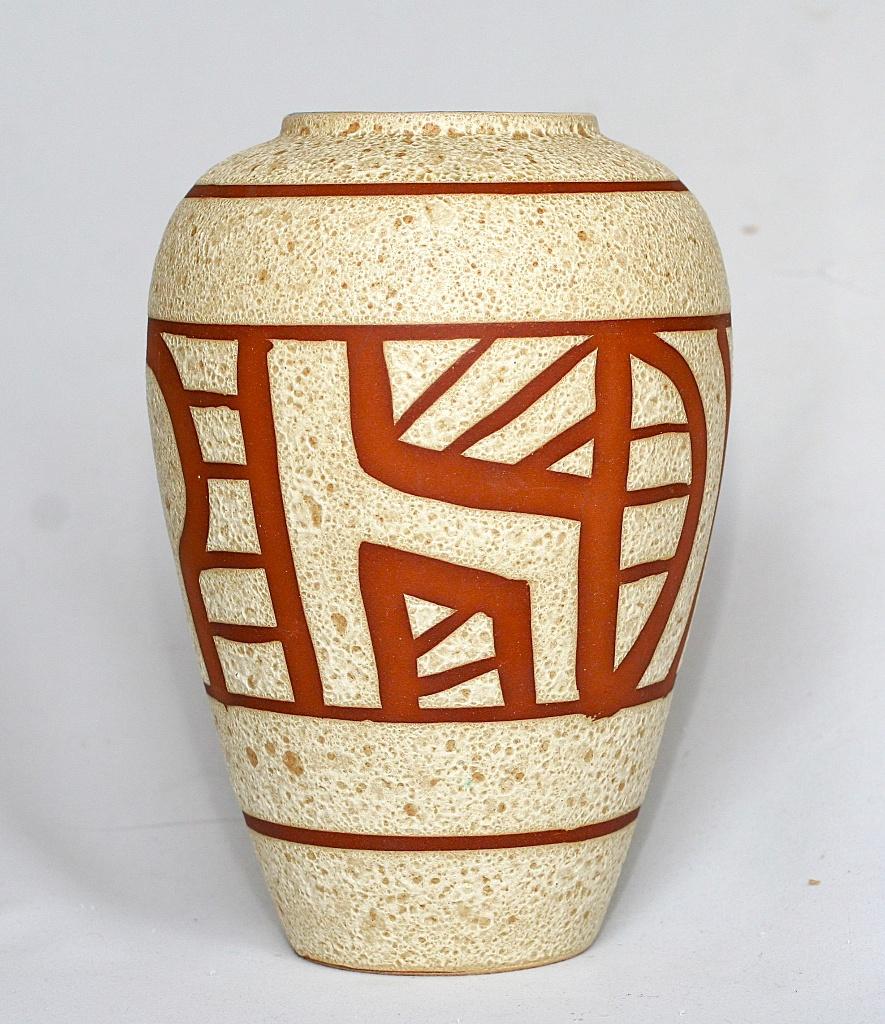 Vintage Duitse Bruisglazuur Vaas met Geometrische Patronen, Ophalen of Verzenden