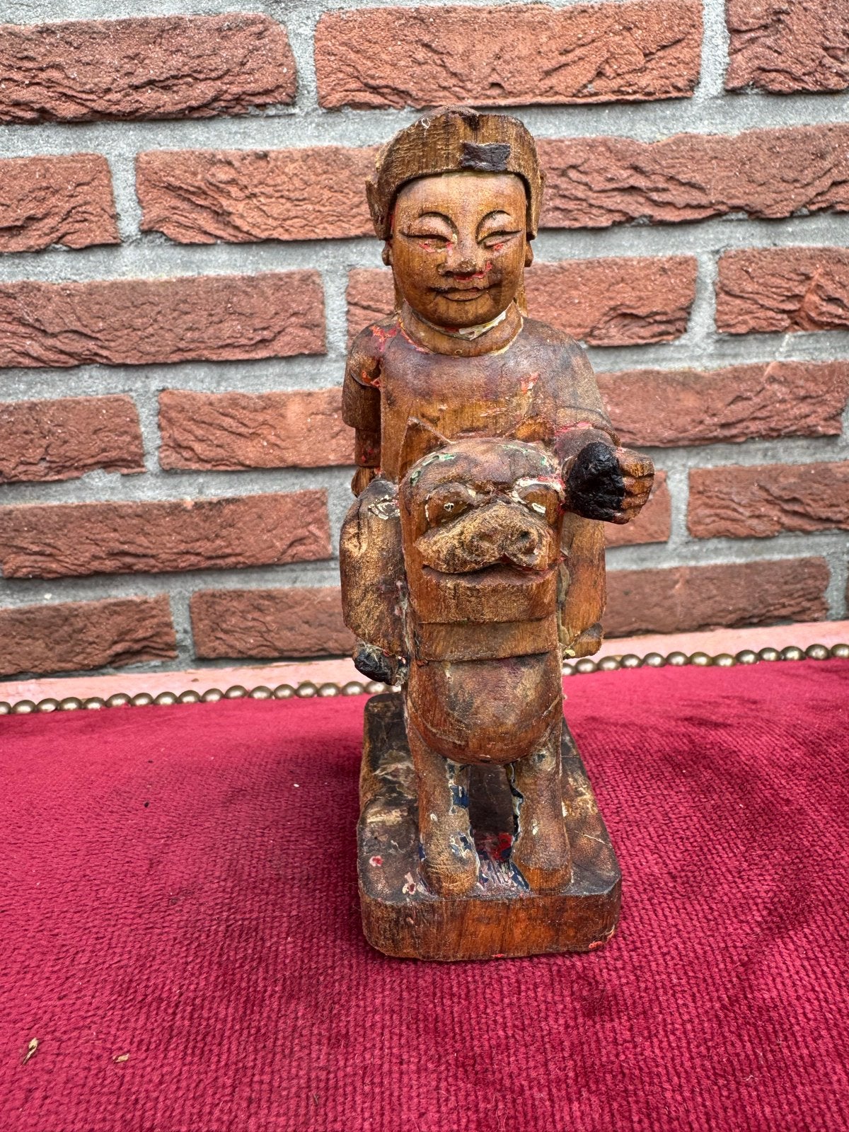Antiek Chinees tempelbeeldje, 18 cm, met beschildering, Minder dan 20 cm, Ophalen of Verzenden, Beeld, Hout