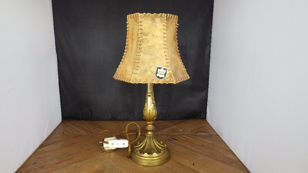 oude tafellamp van metaal met leren lampenkap, Gebruikt, Vintage, Meerkleurig, E14 (klein)