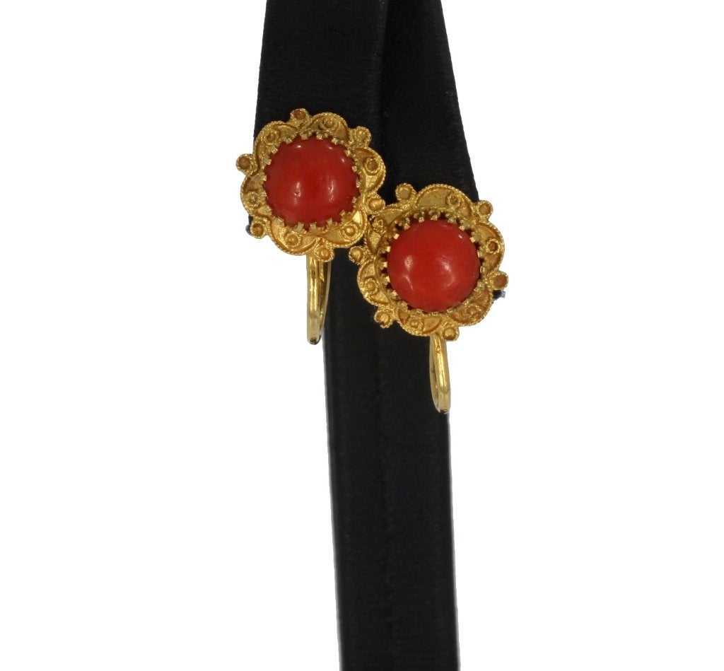 Bloedkoraal 14k gouden fraai set oorbellen dames vintage, Verzenden, Goud, Oorbellen, Met edelsteen