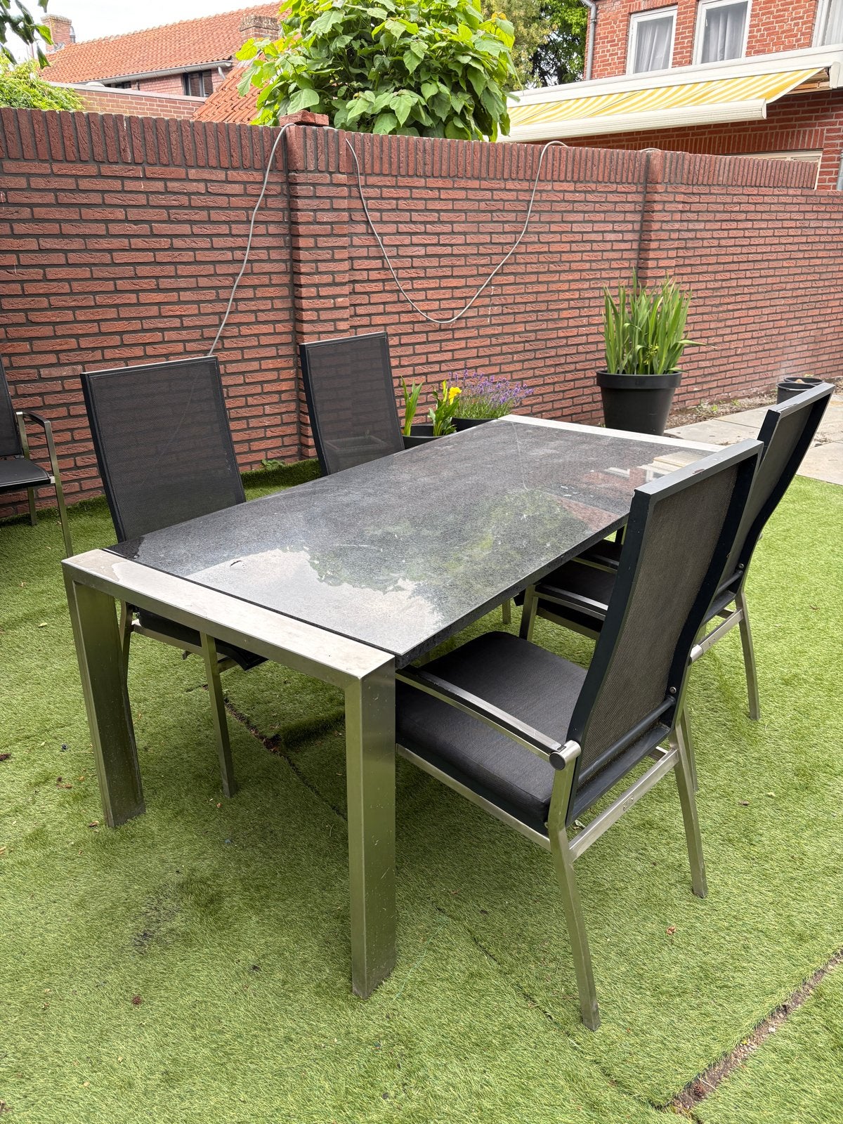 Tuinset met natuursteen tafel en 5 stoelen, Tuin en Terras, Ophalen, Gebruikt, Eettafel, Tuinset