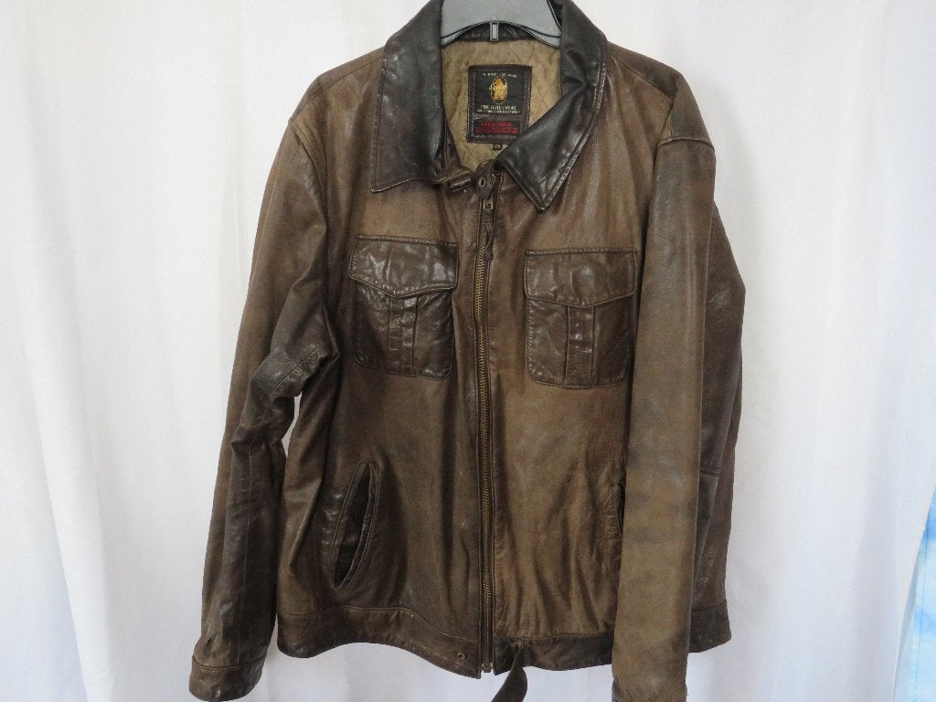 leren used klusjas met distressed delen mt 54 Scotch & Soda, Ophalen, Maat 52/54 (L), Bruin, Gedragen